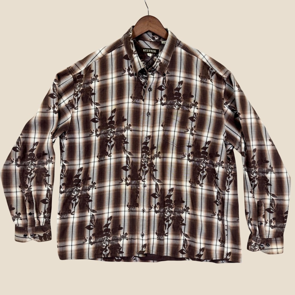 Stetson Button Down Shirt Men 2XL Brown Plaid Floral Western Cowboy Long Sleeve